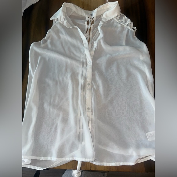 tobi white sheer tank lace up Back Top M Blouse Collar Shirt Button RARE S Spine - Picture 2 of 6